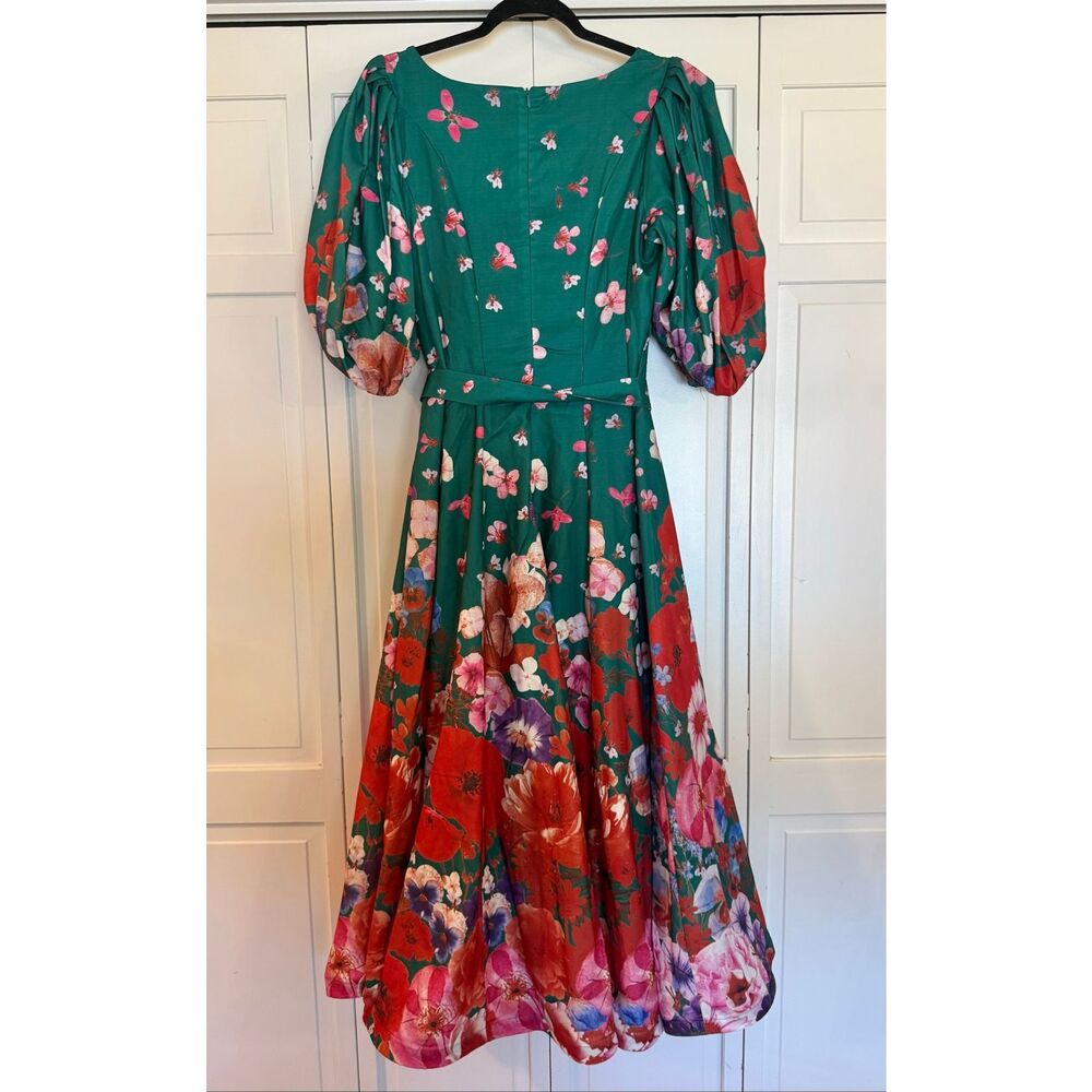 Dahlia Macphee NWT cascading floral green puff sleeve dress M - Picture 8 of 11